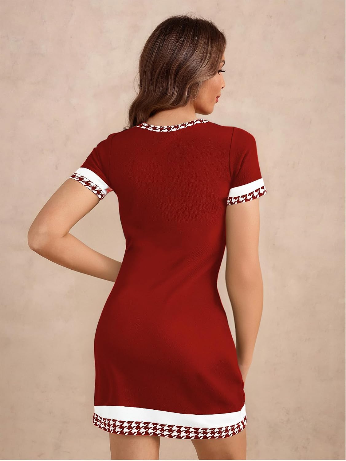 Women's Houndstooth Print Tie Front Dress Crew Neck Short Sleeve Color Block Business Mini Dresses