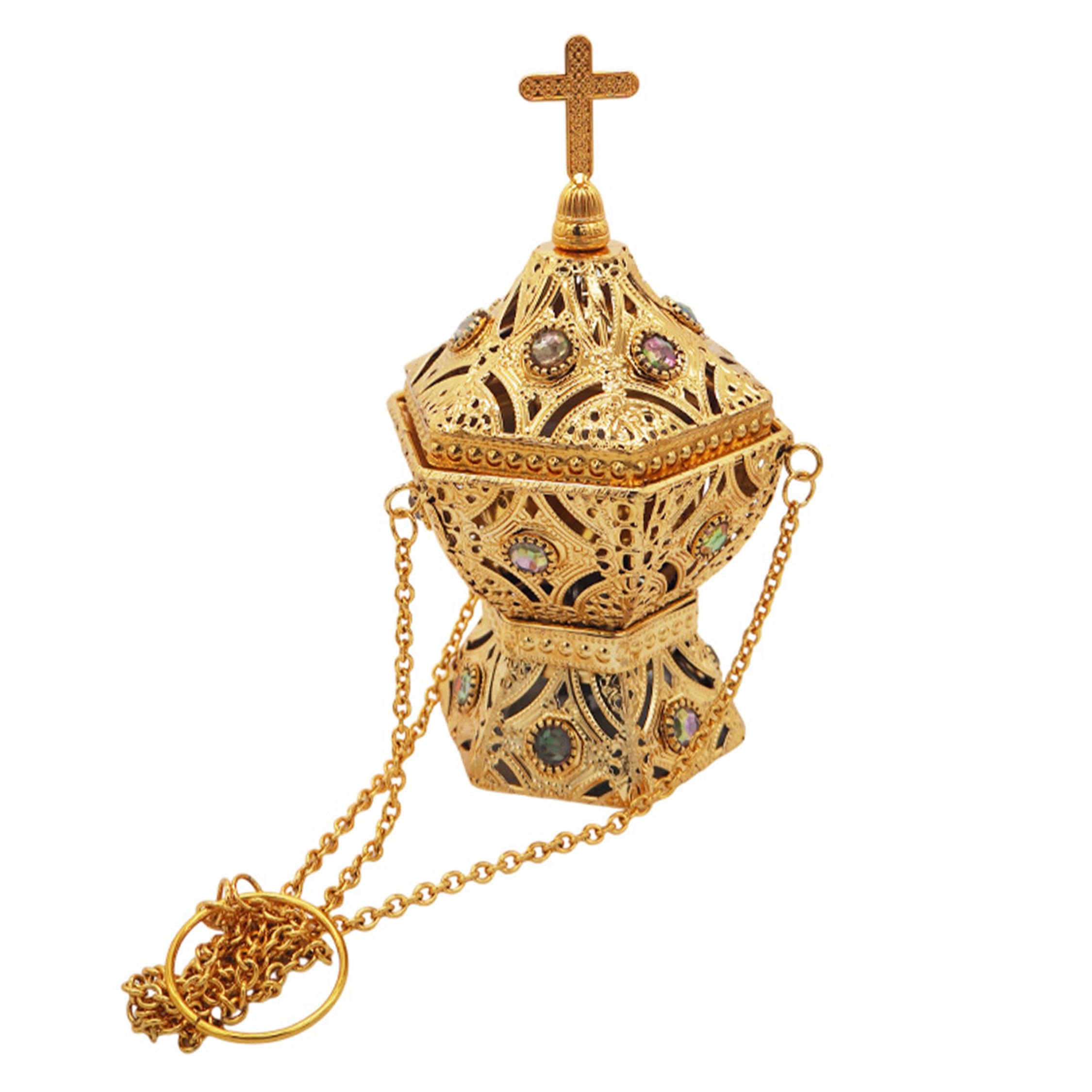 Bemonew Hanging Incense Burner Hanging Incense Burner, Orthodox Metal Censer With 3d Carved Cross & Color Accents, Gold