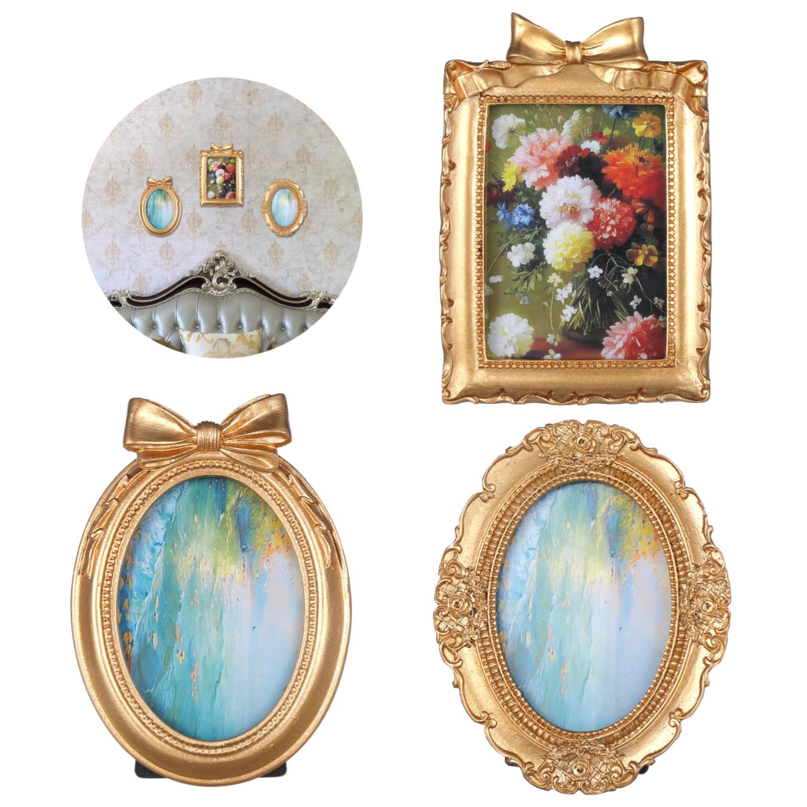 3-częściowy zestaw złotych barokowych ramek na zdjęcia, antyczne wytłaczane mini ramki na ścianę i stół, elegancka dekoracja domu do galerii