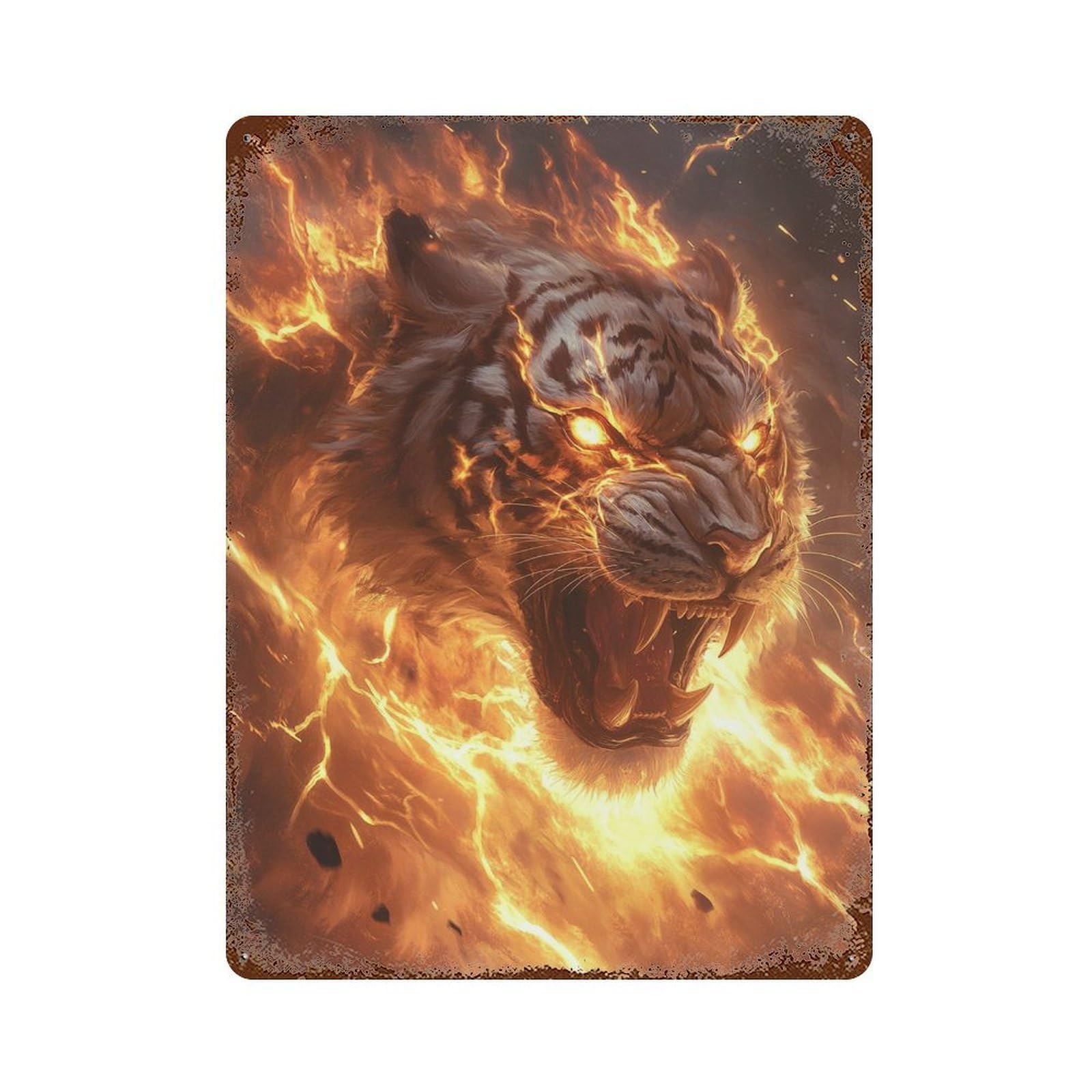 Retro Metal Sign with Flaming Tiger Artwork -1 Design 15.7"x11.8", for Living Room, Hallway And Home Decor, Farmhouse Wall Decor
