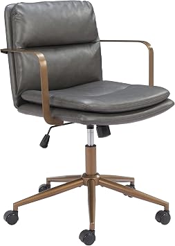 Zuo Birao Office Chair Gray, Black Office Chair, Modern Style, Faux Leather, Plush and Durable Faux Leather Fabric, Plywood, Indoor Office, 26.2" W x 26.2" D x 34.137" H, Non-Stackable
