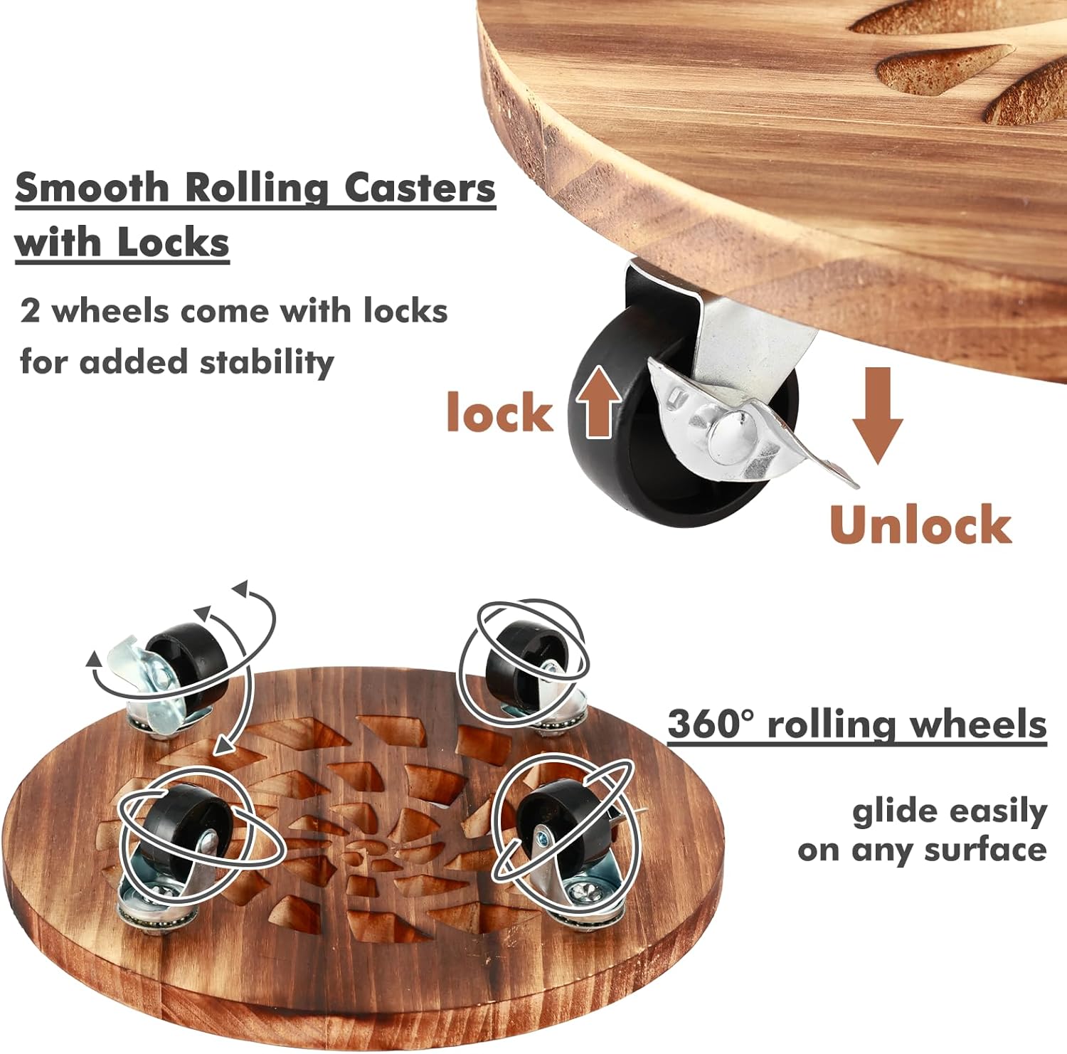 4 Pack Plant Caddy with Wheels Heavy Duty 12 Inch Wooden Plant Stand with Wheels Plant Dolly Rolling Plant Stand Plant Roller with Casters for Indoor and Outdoor with 4 Pack Plant Saucers, Round