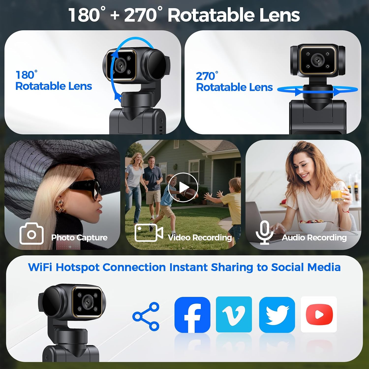 Pocket Vlogging Camera WiFi, 1080P Clip-On Mini Body Cam, Handheld Camera