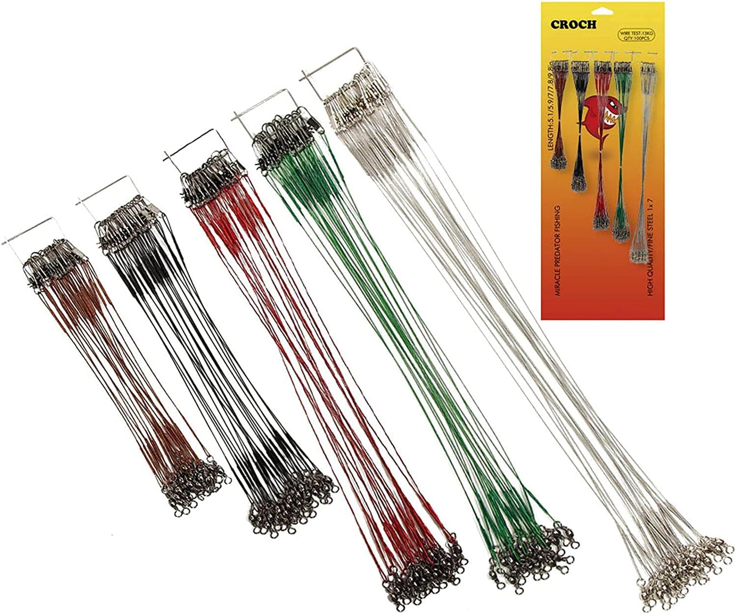 Croch 100pcs Fishing Leader Stainless Steel Fishing Trace Spinner Wire Rig with Swivels and Snaps