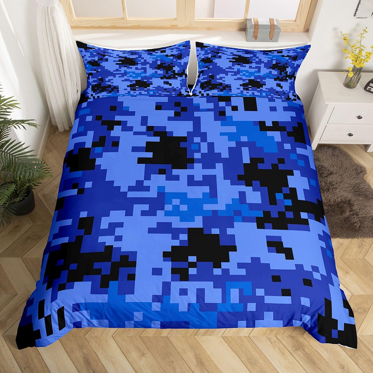 Homewish Boys Pixelated Camo Single Duvet Cover Set - Army Digital Camouflage Design Bedding Black Reversible - Abstract Pixel Grid Style Quilt Cover for Kids Teens Adults - Navy Blue Bed Set