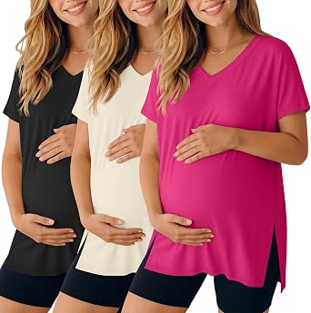 Ficerd 3 Pack Womens Maternity Shirts Short Sleeve Pregnancy T-Shirts V Neck Split Side Tops Casual Soft Maternity Clothes