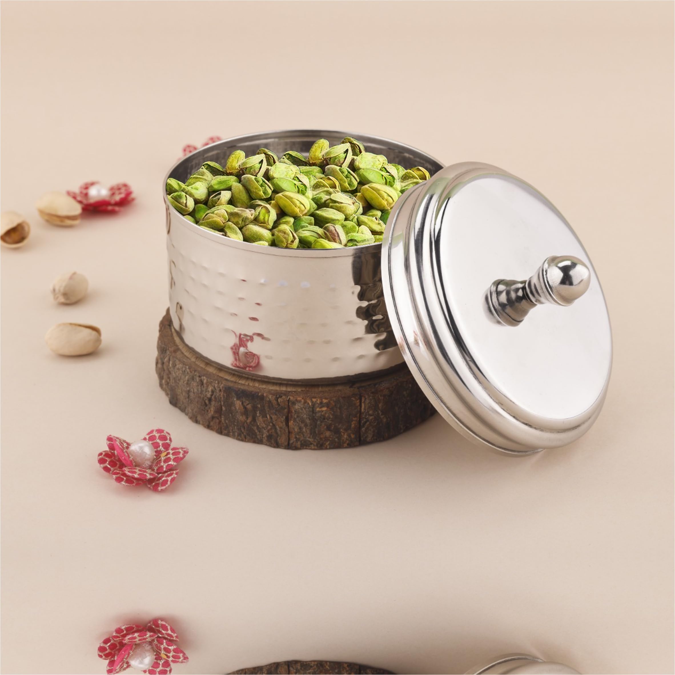 Stainless Steel Uphaar Hammered Dry Fruit Container – BIS Certified, Jindal Seal, Made in India | Premium Finish Airtight Gift Box – Set of 1 (350ml) (Uphaar Silver- Set of 1)