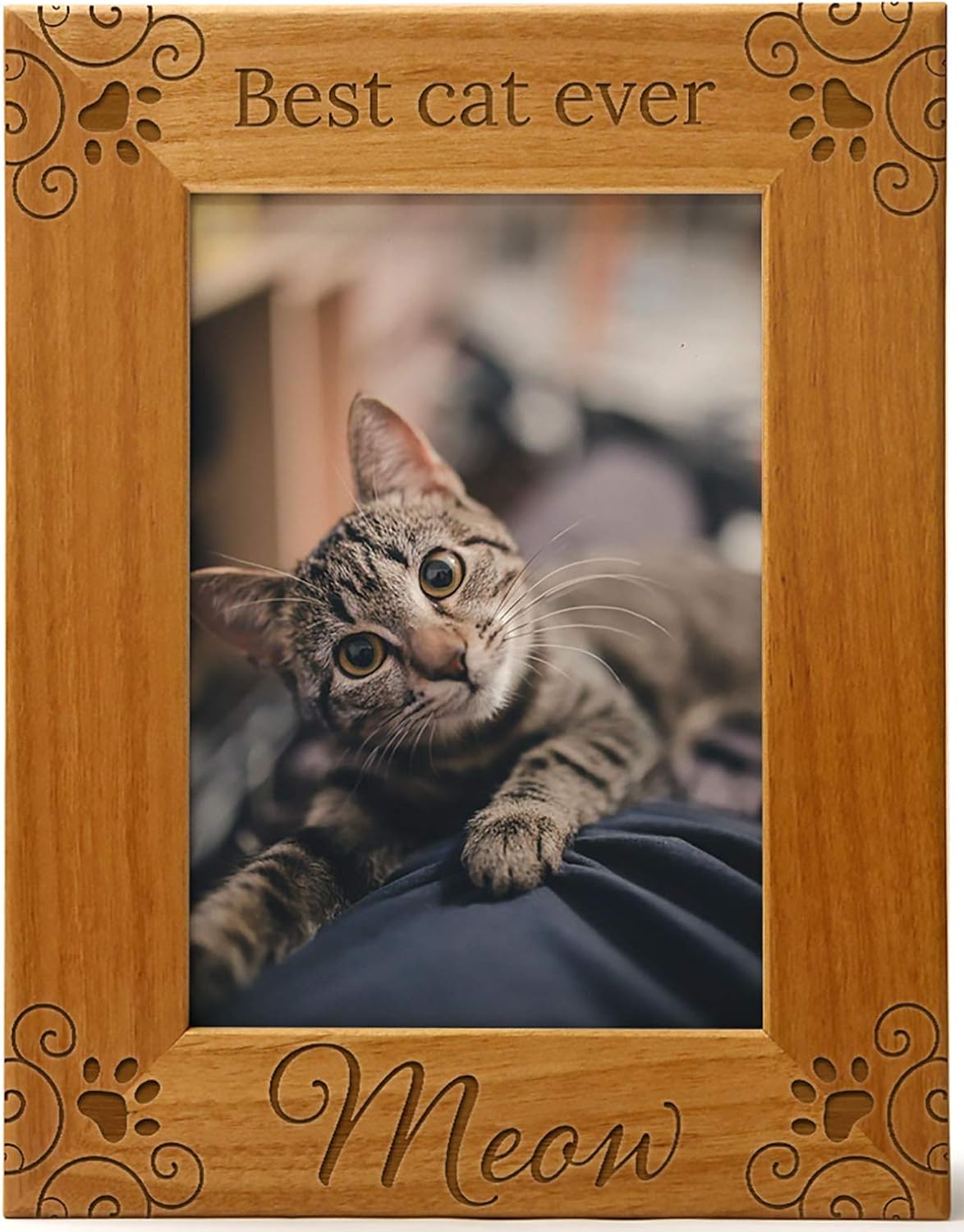 CEDAR CRATE MARKET Best Cat Ever, Meow Pet Picture Frame Engraved Natural Wood, Fits a 5x7 Vertical Portrait, Cat Picture Frame, Cat Mom Gifts