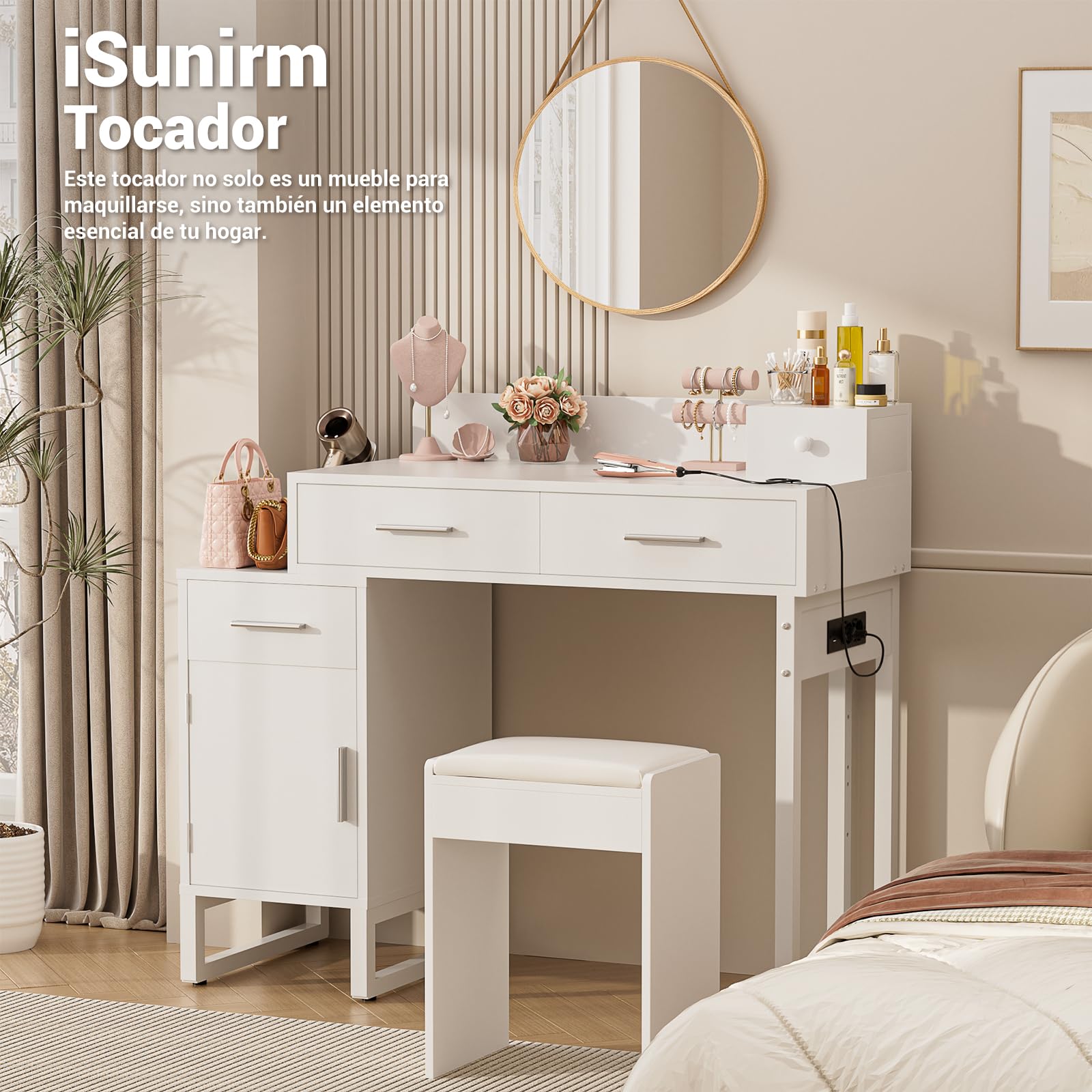 iSunirm Tocador de Maquillaje Moderno con 4 Cajones, Mesa Tocador Blanca con Mueble Reversible, Vanity de Maquillaje para Dormitorio, 90x40x76 cm
