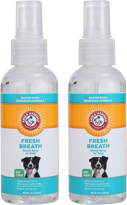 Spray para el aliento para el cuidado bucal de perros Arm & Hammer, sabor a menta, botella de 4 onzas líquidas, paquete de 2 | Spray de bicarbonato de sodio, fórmula sin cepillo, sabor a menta, control diario de placa y sarro