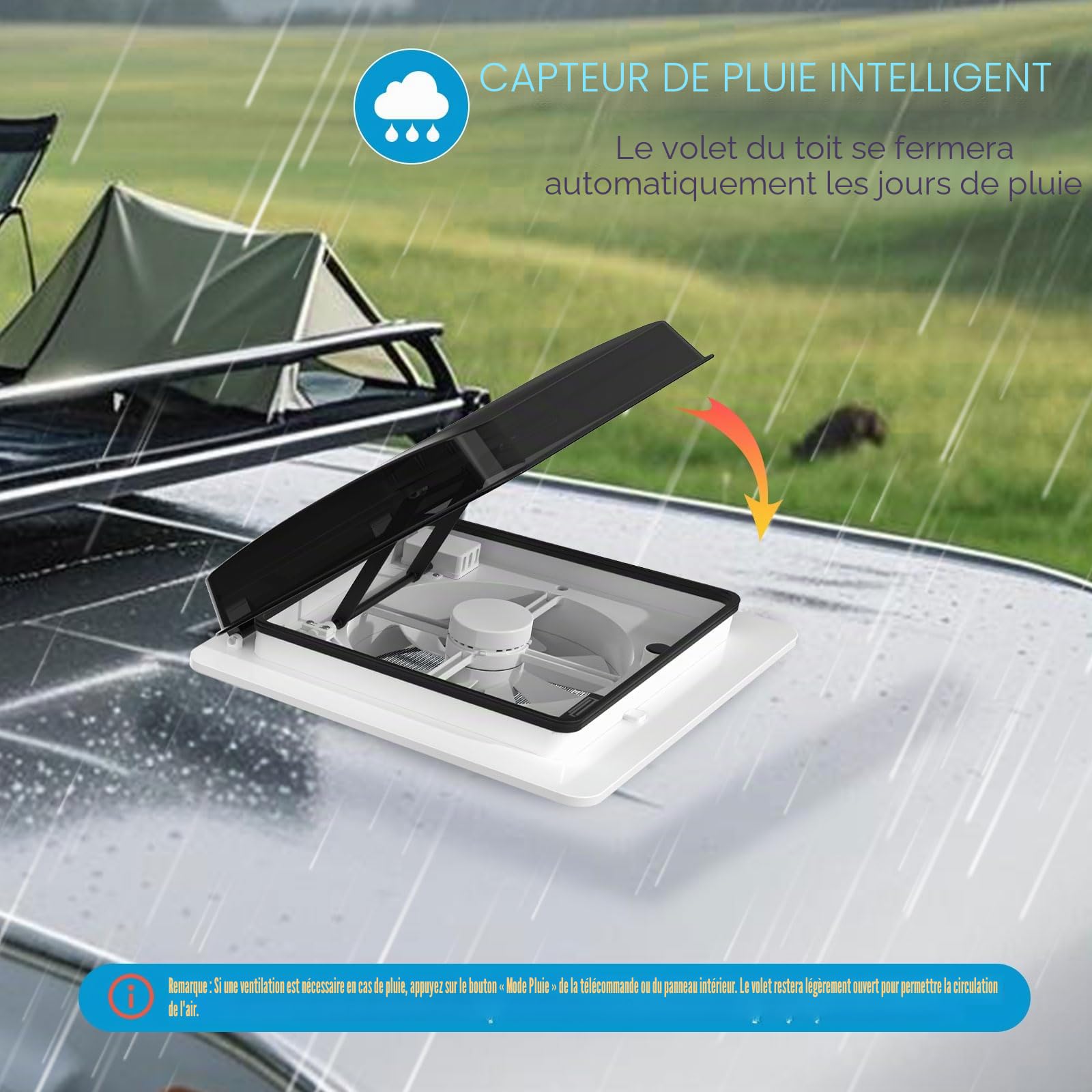 2012 Ventilateur de Toit 12V(24V Max) pour Camping-Car, Lanterneau 400 mm avec Télécommande, Flux d'Air Réversible, Ventilation Ultra Silencieuse, Couvercle Noir Semi-Transparent Anti-UV