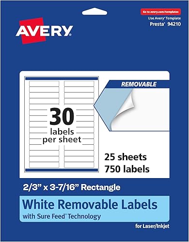 Avery Etiquetas rectangulares extraíbles de color blanco mate con tecnología Sure Feed, 23" x 3-716", 750 etiquetas extraíbles, etiquetas