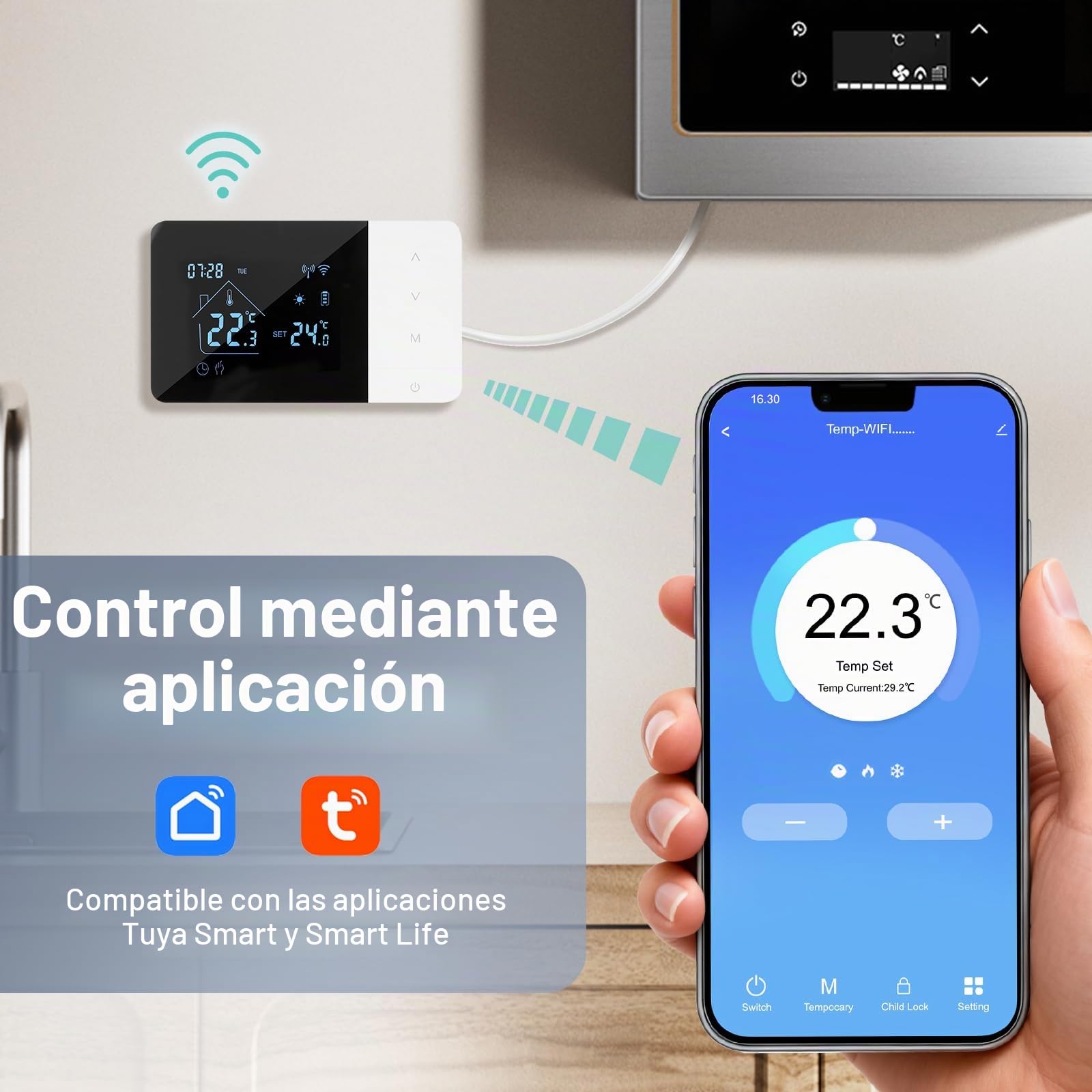 Termostato caldera, WiFi, termostato doméstico digital programable, alimentado por batería, caldera de 2 cables compatible con control de voz de Google y Alexa