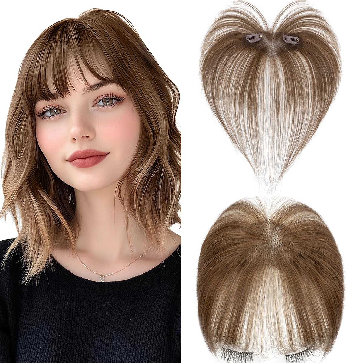 SEGO Pro Clip in Fringe Remy Human Hair Piece, Hand Tied Lace Base, Invisible Hairline, 2 Comb Clips
