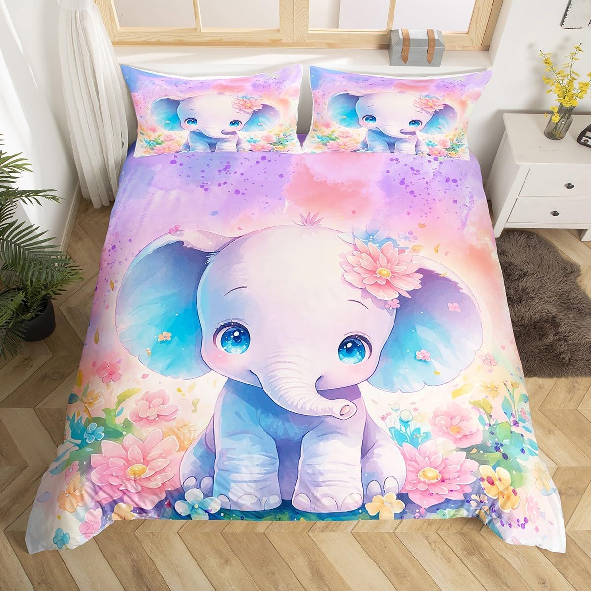 Feelyou Kids Elephant Comforter Cover Queen Size, Cute Elephant Bedding Set Boys Girls Cartoon Animal Duvet Cover Rainbow Floral Teens Bedspread Cover Bed Set with 2 Pillow Case(No Comforter)