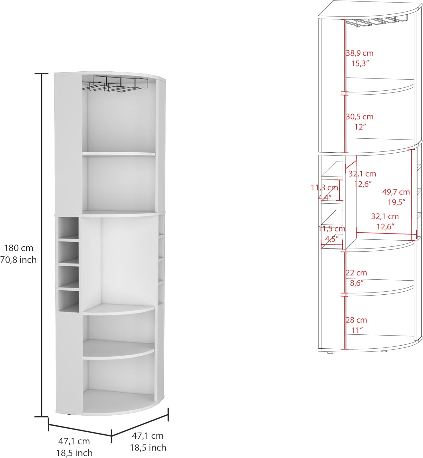 Corner Bar Cabinet with Five Shelves, Eight Bottle Cubbies and Steamware White