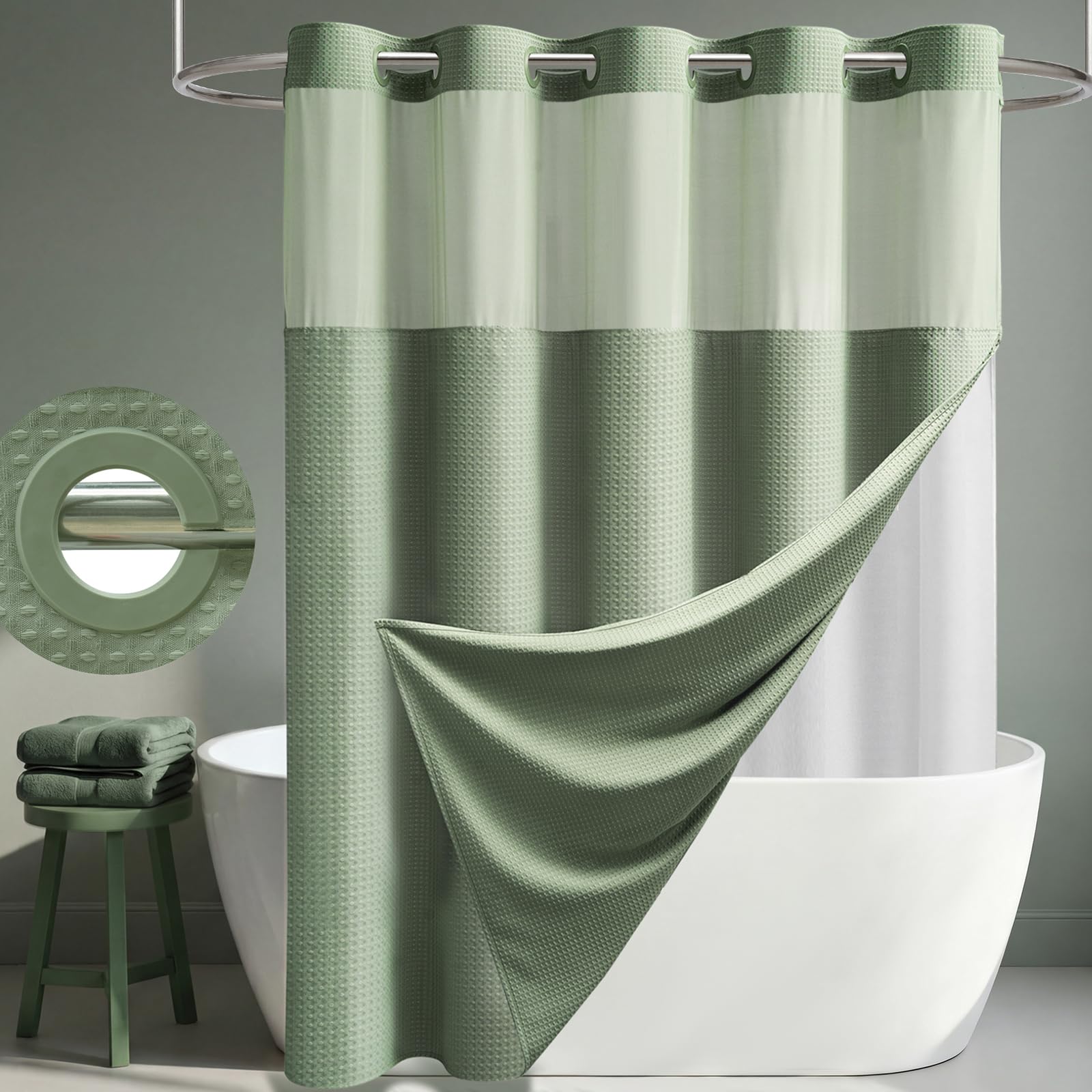 Dynamene Ringless Waffle Weave Shower Curtain Set, Sage Green, 72'x75'