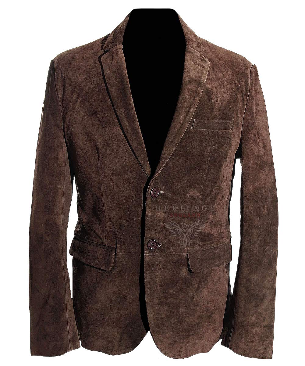 H.e Men's Brown Carter Smart 2 Buttons Real Cowhide Suede Leather Fashion Blazer Jacket (Sizes: Xs To 5XL Available) (L)
