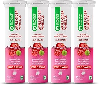 Dr. Vaidya's Apple Cider Vinegar Effervescent Tablet with Mother | For Metabolism, Weight Management | 500mg ACV | Garcinia & Pomegranate Extract | Vit B6 & B12 | Apple Flavour | No Added Sugar | (15 Tablets per Pack) Pack of 4