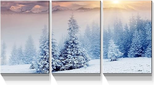 Denozer - Arte de pared en lienzo de 3 paneles para decoración de pared de sala de estar - Paisaje de invierno cubierto de nieve montañas árboles en