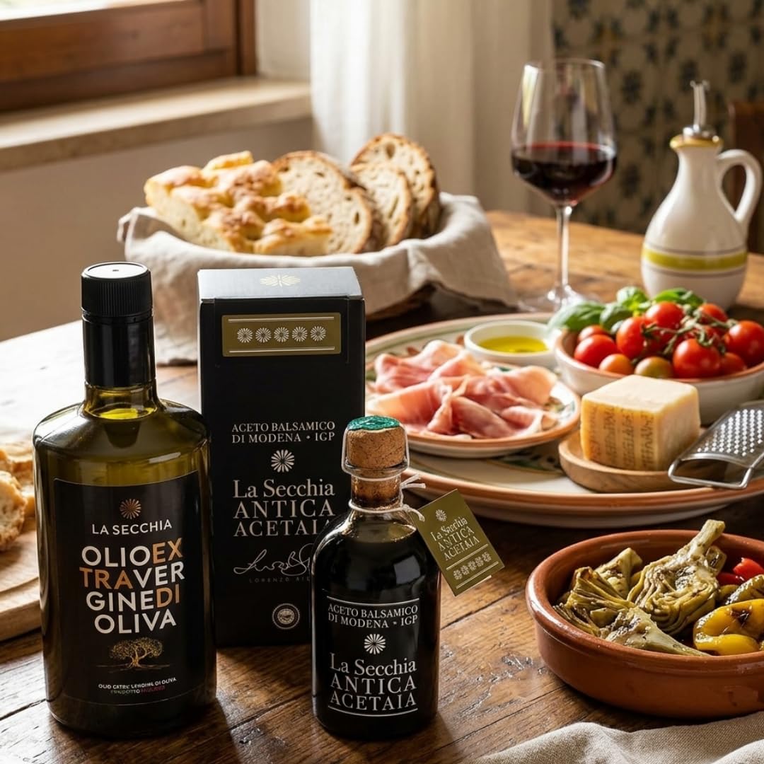 La Secchia - Cesta gastronómica artesanal, aceite de oliva virgen extra, vinagre balsámico de Módena IGP 5 Estrellas, set gourmet, productos italianos artesanales