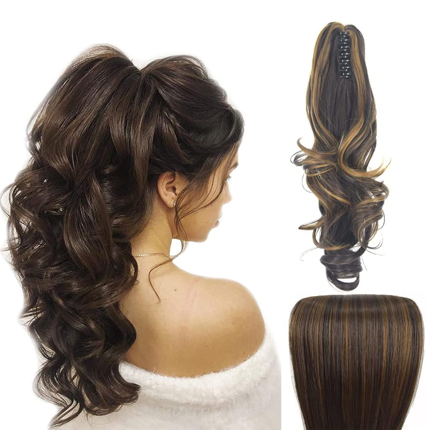 PRAVRAJYA Women Ponytail Hair Extension 16 Inch Step Cutting Curly Brown Highlight Hair Pieces (4h27 Step Cutting Ponytail) for Women Party/Halloween/Christmas-image-31