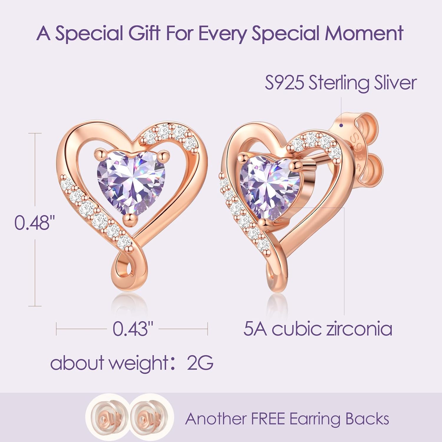 Earrings for Women, S925 Sterling Silver Rose Gold Birthstone Heart Studs Earring for Girlfriend Wife, Anniversary Birthday Christmas Valentines Mothers Day Gifts Jewelry for Women Wife Her Mom - Image 4