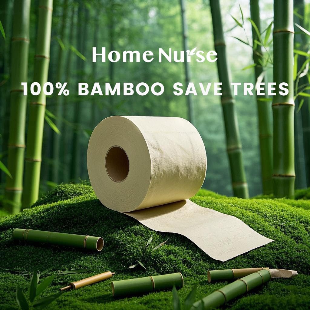 Home Nurse 4-Ply Bamboo Toilet Paper 12 Rolls, Unbleached Septic Safe Toilet Paper, No Lint Strong Chemical Free Tree Free Compact Bath Tissue | Skin-friendly, Quick dissolving, High absorbency, Space-saving compact, Plastic-free package