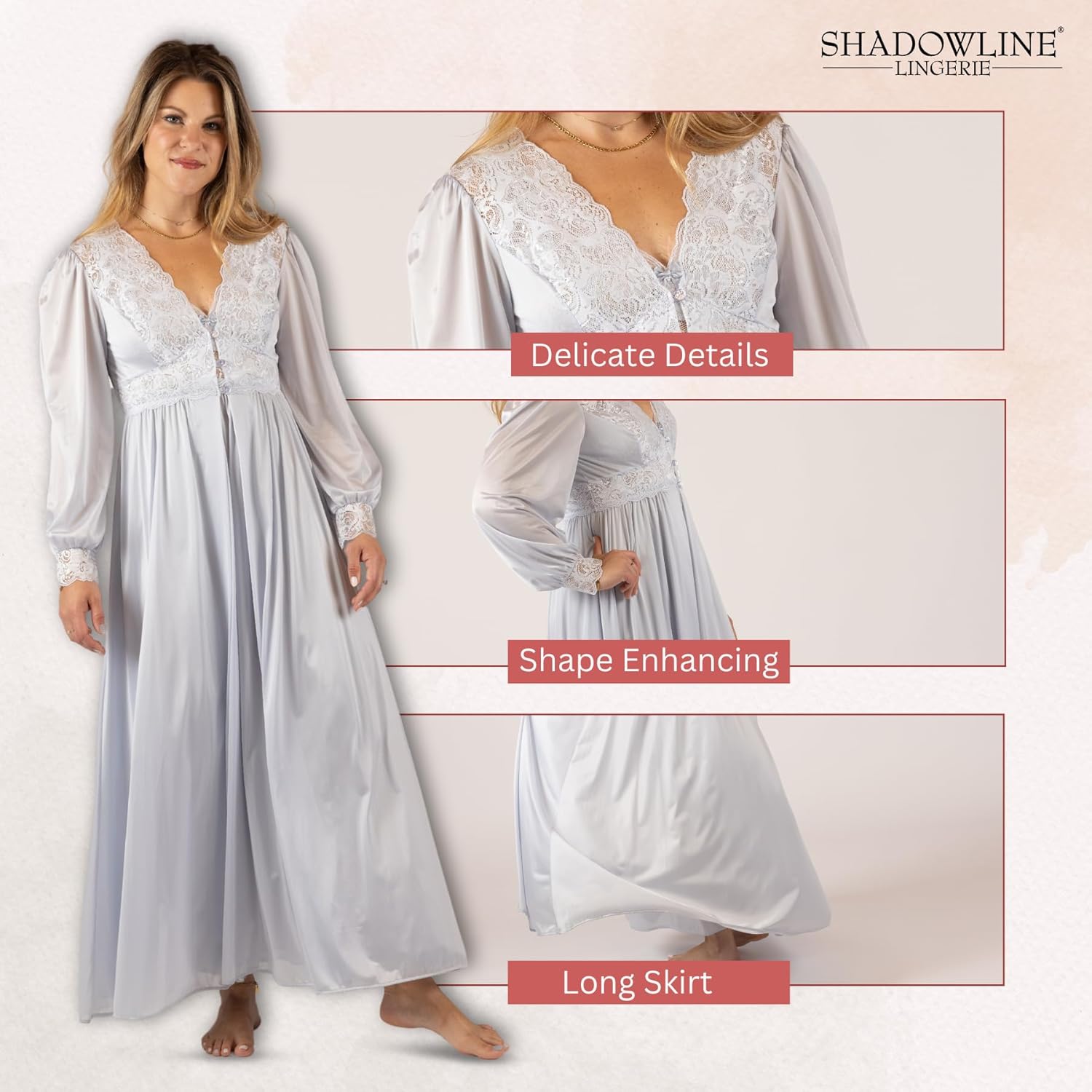 SHADOWLINE Women's Long Flowy Figure Flattering Button Down Robe- Silky Floral Stretch Lace Bodice Lingerie Elegant Sleepwear