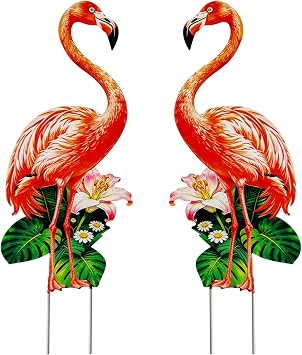 Pink Flamingo Yard Decorations, 16inch Metal Flamingo Garden Stakes for Outdoor Yard Lawn Porch Pathway Patio Decor 2p-e