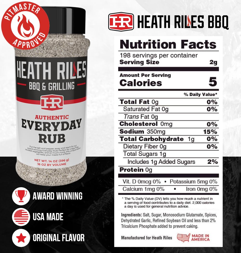 Heath Riles BBQ Rub - Everday All-Purpose Seasoning, Champion Pitmaster Recipe, Legendary Rubs For Smoking & Grilling, 80+ BBQ Championships, 2 lb./32 oz