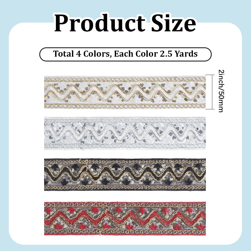 4 Colors 10 Yards 2 Inch Metallic Sequin Jacquard Ribbon Embroidered Trim Tape Boho Sheer Embroidery Woven Fabric Applique Trimming Set for Sewing Making Crafts Dress Clothes DIY Home Decor image 2