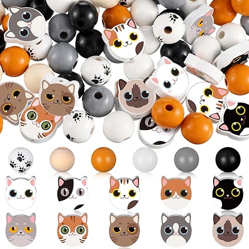 200 cuentas de madera con estampado de gato de 0.630 in, cuentas redondas de madera naturales hechas a mano, cuentas espaciadoras pulidas para hacer