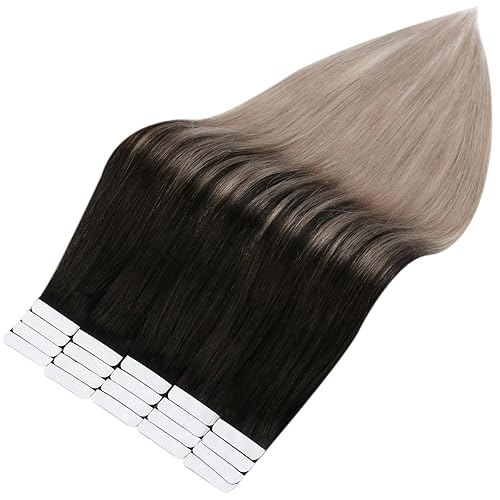 Miniatura 9 de Full Shine - Extensiones de cabello humano con cinta adhesiva y sin costuras, 22pulgadas, balayage, color negro 1B a castaño cenizo 18, 1.76oz,