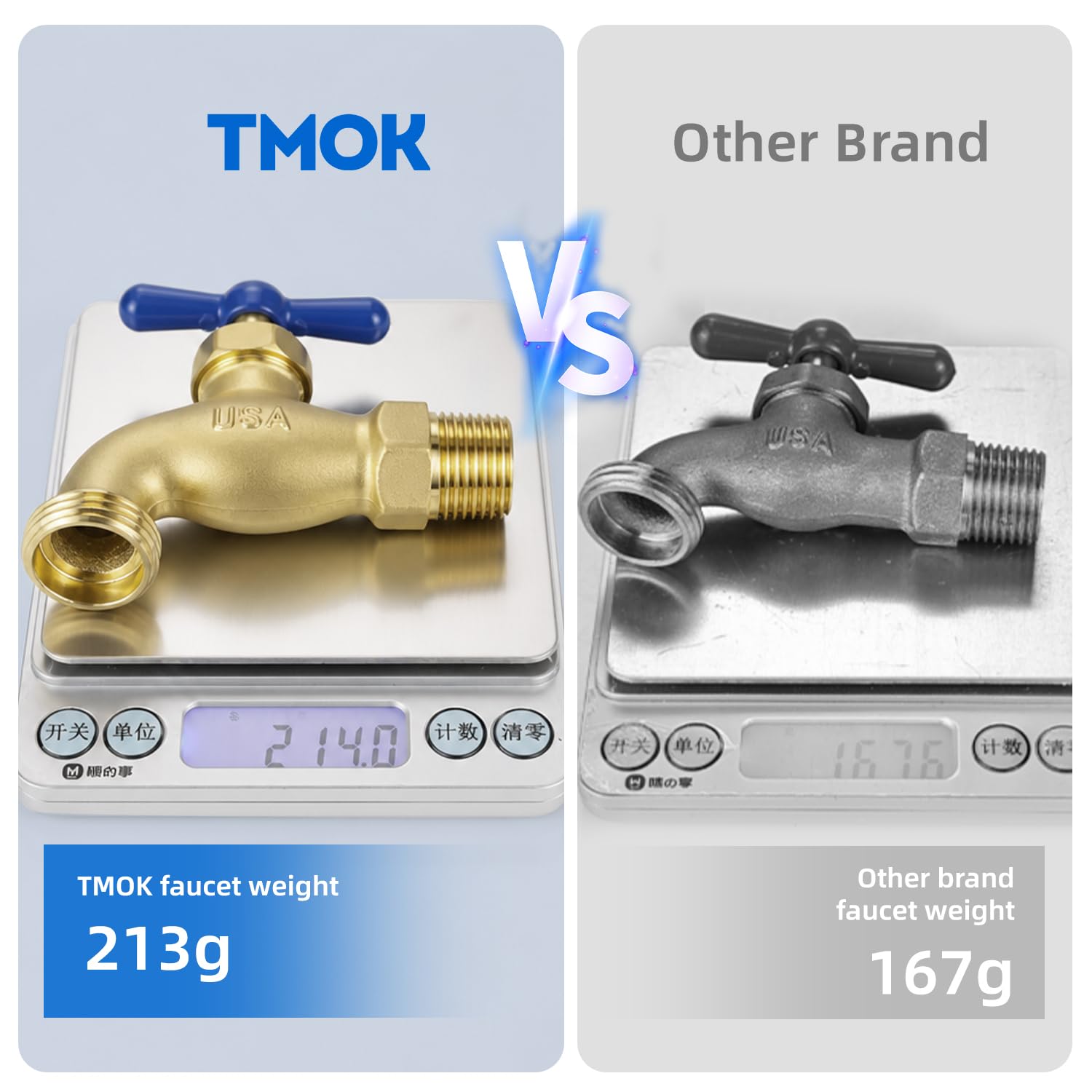 TMOK Robinet de jardin extérieur à débit complet – Entrée MIP 1/2" x sortie MHT 3/4" en laiton robuste, facile à installer, contrôle de l'eau multi-tours, comprend du ruban en téflon et des rondelles
