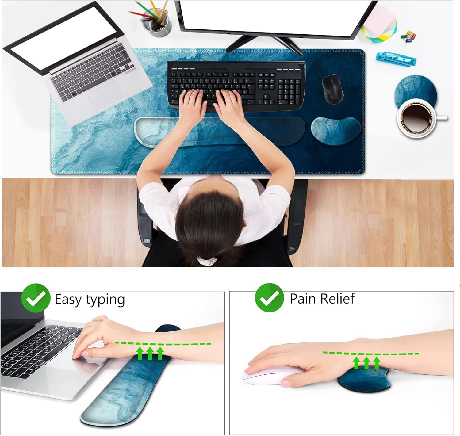 AIMSA Large Gaming Mouse Pad Set, Keyboard Wrist Rest Support + Extended Mouse Pad + Mouse Wrist Cushion + Coaster, Ergonomic Memory Foam Multifunctional Desk Mat 35x15.7inch (Dark Blue Waves)