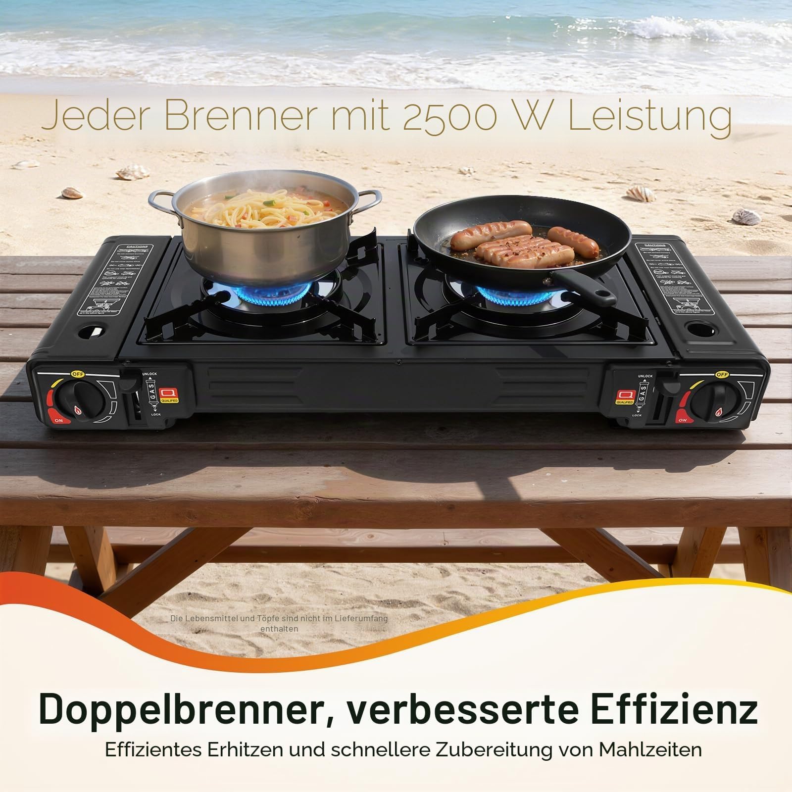 Barbecue à gaz et réchaud à gaz à 2 flammes en acier inoxydable - 2500 W - Réchaud de camping avec plaque de cuisson et boîte de rangement - Soupape de surpression intégrée - Réchaud à gaz de camping