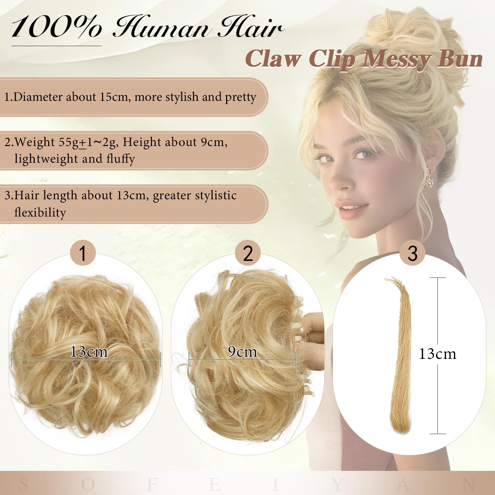 Sofeiyan Chignon en Cheveux Humains,Postiche Bouclé Messy Bun avec Pince,Extensions de Cheveux Bouclés Naturel Clip Bun pour Femmes, Clip in Claw Scrunchies(Blond Beige avec Reflets Blond Clair)