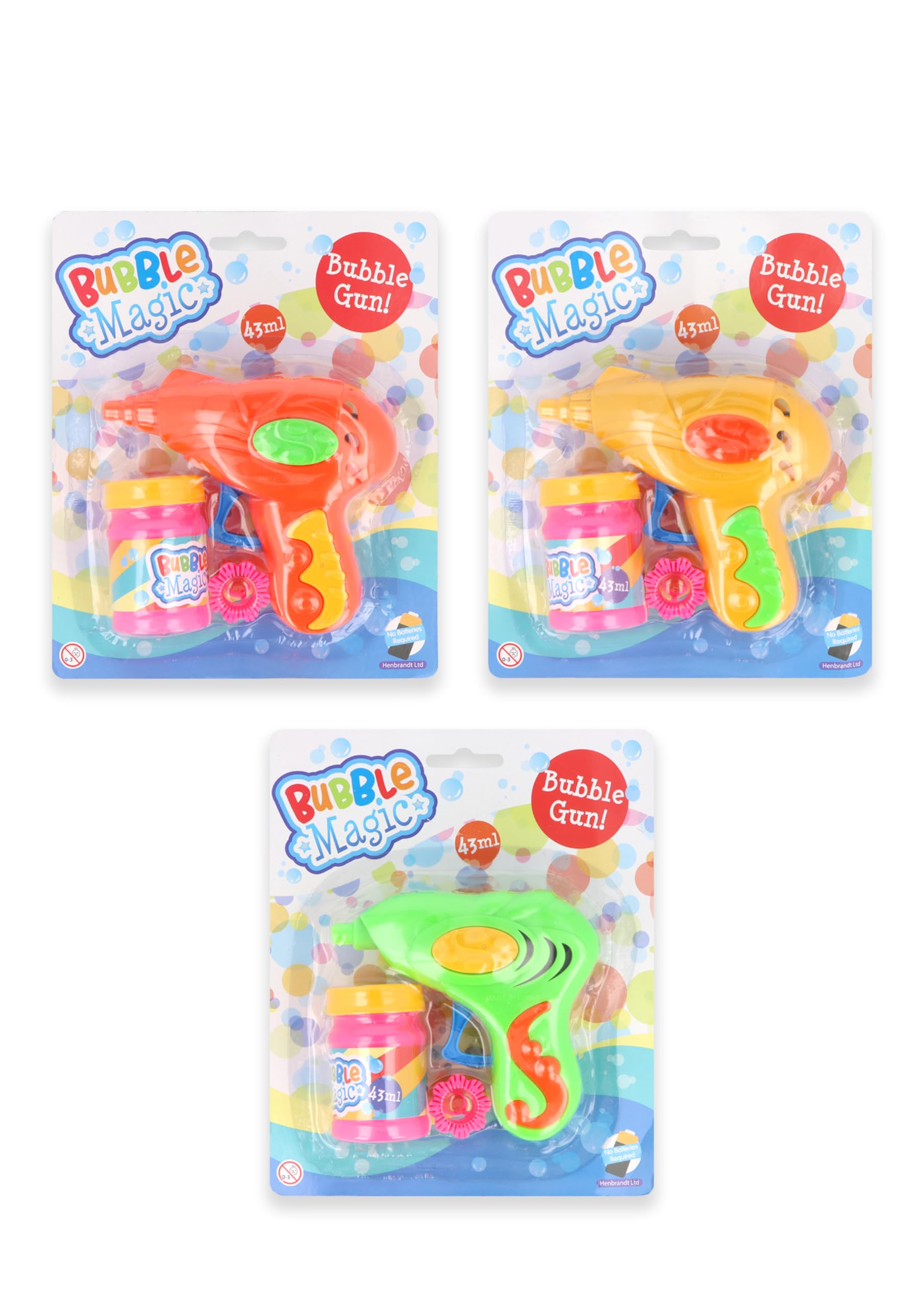 Henbrandt 3 x Bubble Magic Friction Bubble Gun Sets with Solution - 3 Assorted Colours Red Yellow Green Kids Party Favour Outdoor Toy No Batteries Required Summer Fun