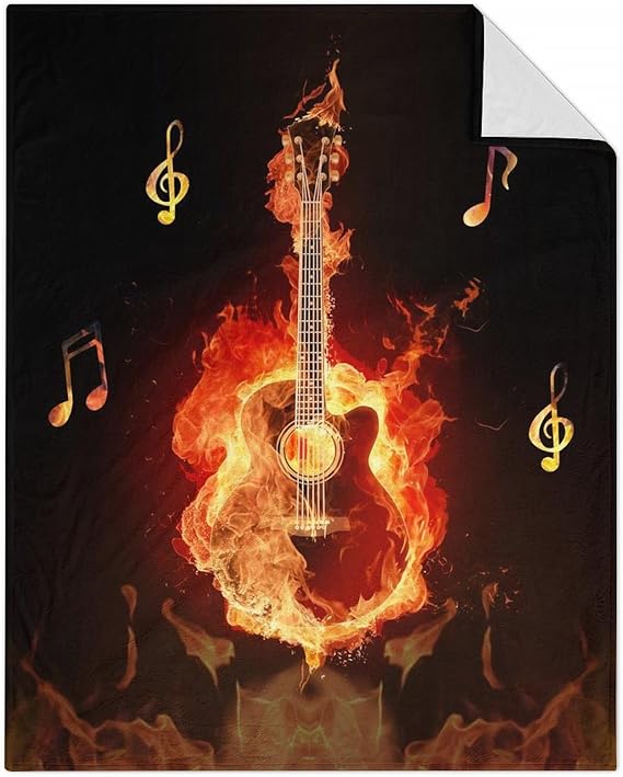 Mercuryelf Guitar Throw Blanket - Soft, Fuzzy & Warm - 40x50 Inches Flannel Blankets for Travel, Office - Black Flame Cool Throws Gift for Girls, Boys