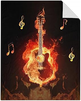 Mercuryelf Guitar Throw Blanket - Soft, Fuzzy & Warm - 40x50 Inches Flannel Blankets for Travel, Office - Black Flame Cool Throws Gift for Girls, Boys
