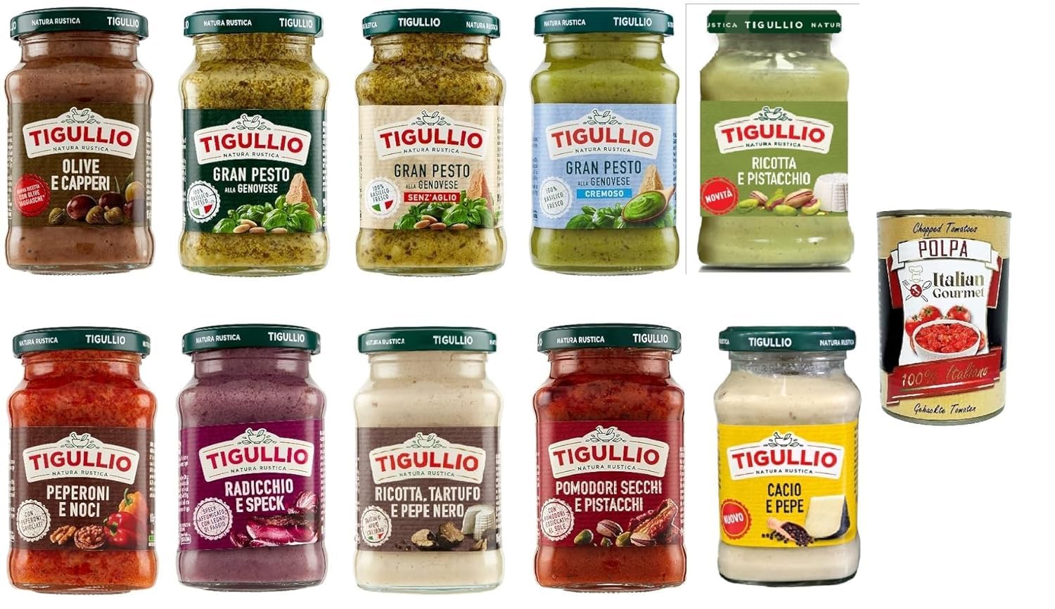 Tigullio Pasta Saucen Set 10 x 190 g Oliven Kapern Pesto alla Genovese ohne Knoblauch cremig Ricotta Pistazie Peperoni Nüsse Ricotta Trüffel Cacio e Pepe Mix + Italian Gourmet polpa