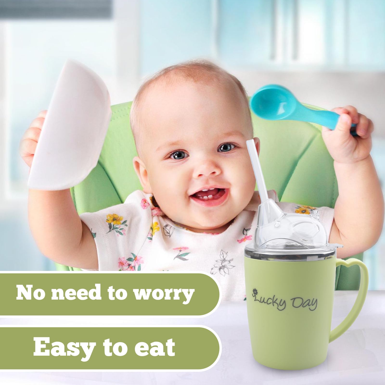 Taza con pico para personas mayores: vaso de 350 ml para personas mayores, 3 en 1 a prueba de fugas con paja de 30 cm, vaso de acero inoxidable con asa para pacientes, ancianos y mujeres