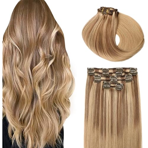 SURNEL Clip in Human Hair Extensions Golden Brown to Honey Blonde Balayage Clip in Hair Extensions 20 Inch 6pcs 120g (#10/27/27,20'')