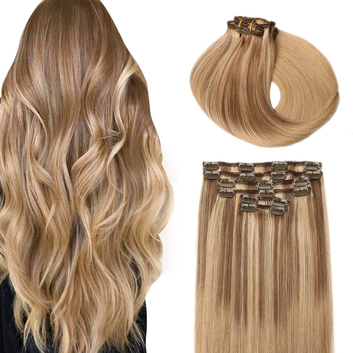 SURNEL Clip in Human Hair Extensions Golden Brown to Honey Blonde Balayage Clip in Hair Extensions 20 Inch 6pcs 120g (#10/27/27,20'')