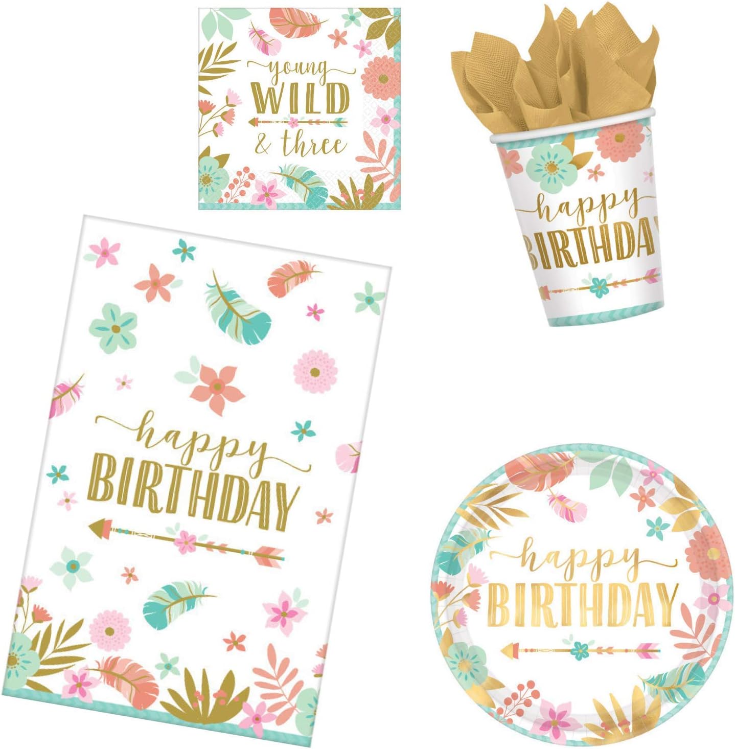 BOHO 3rd Birthday Party Supplies Pack for 16 Guests | Girl Young Wild and Three Theme (Basic ParteePak)