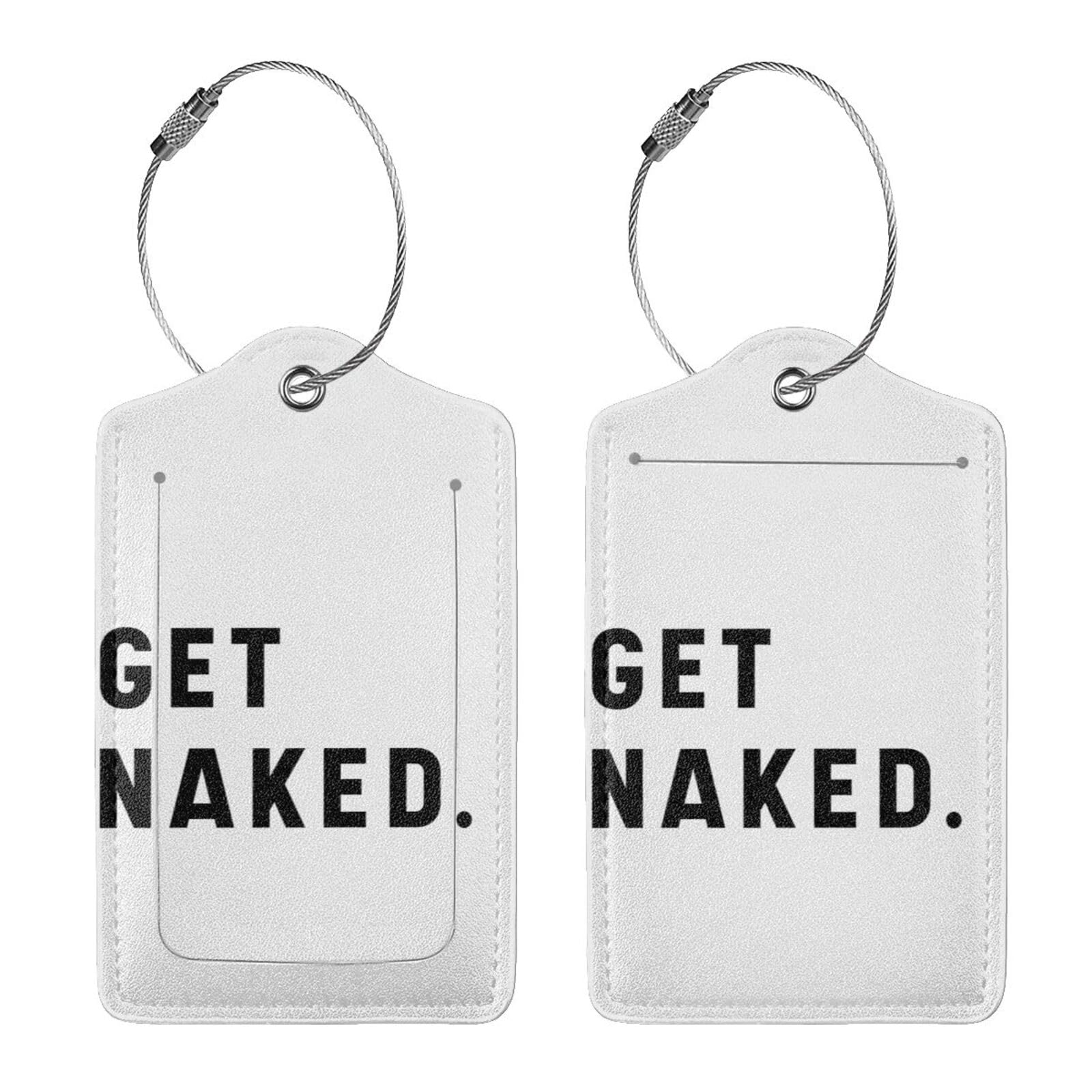 Paquete de 2 etiquetas de equipaje con texto en inglés "Get Naked" para maletas, piel sintética, protección de privacidad, etiquetas esenciales de viaje