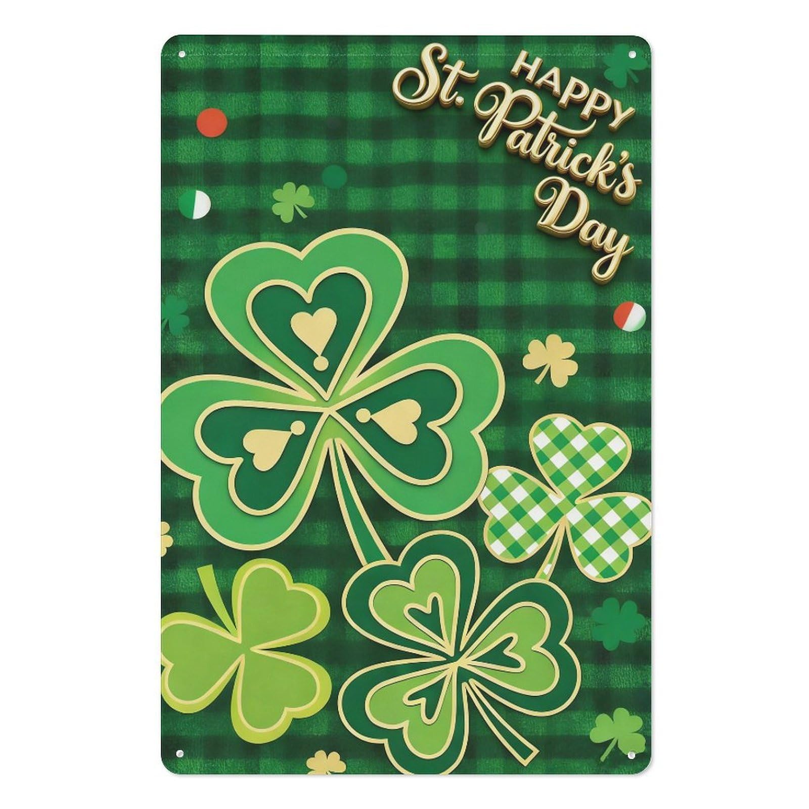 peiyeety Happy St Patrick's Day Tin Sign 8x12 Inch – Gingham Plaid Metal Wall Art with Glittering Hearts & Polka Dots, Gold-Foiled Clover Decor for Irish Party, Pub, Bar, or Home Kitchen