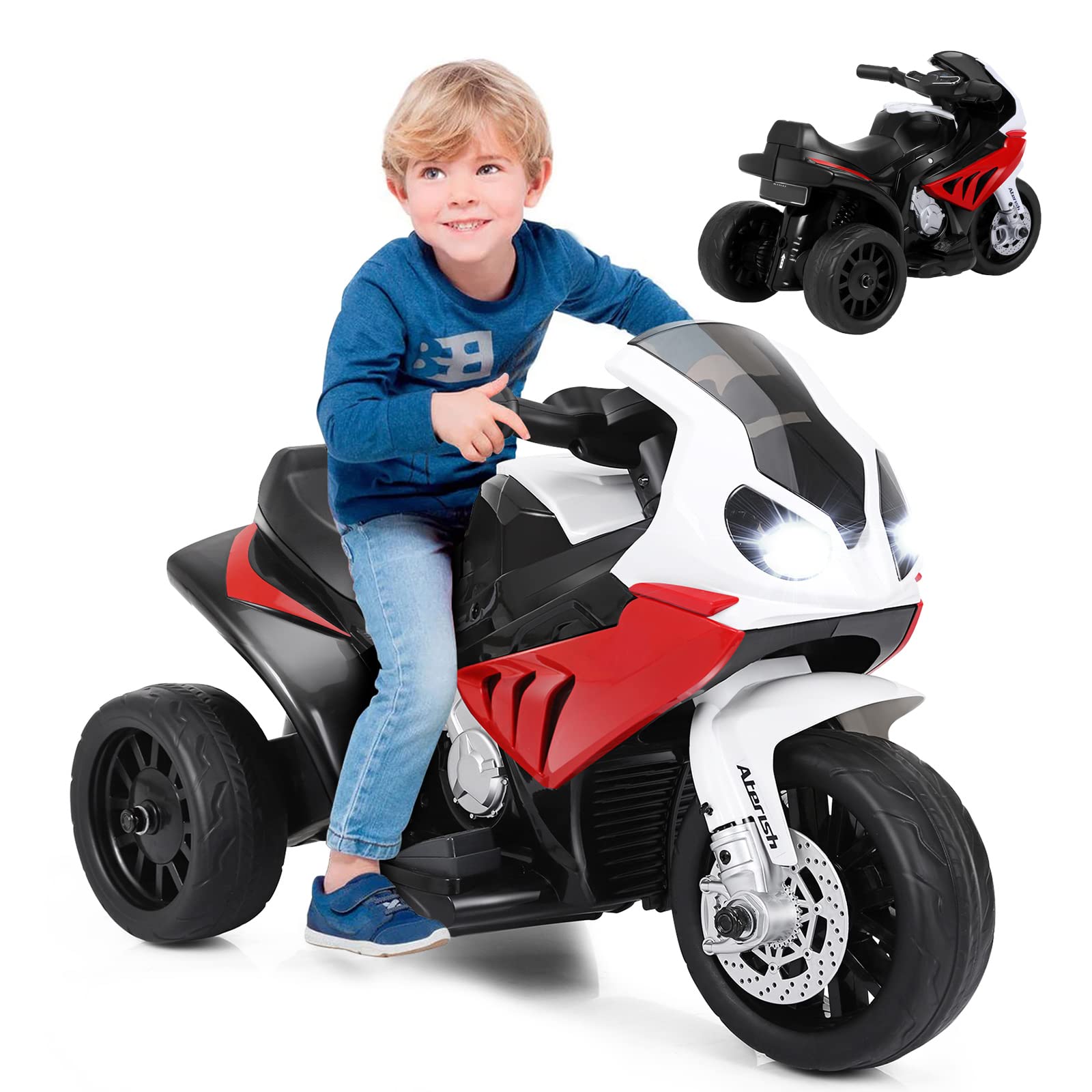 GOPLUS Moto Electrique Enfants BMW 6V, Voiture Electrique Enfants Motos avec 3 Roues,Effets Musicaux et Lumineux, Porteur Enfants,Charge 20KG,pour 1,5-3 Ans(Rouge)