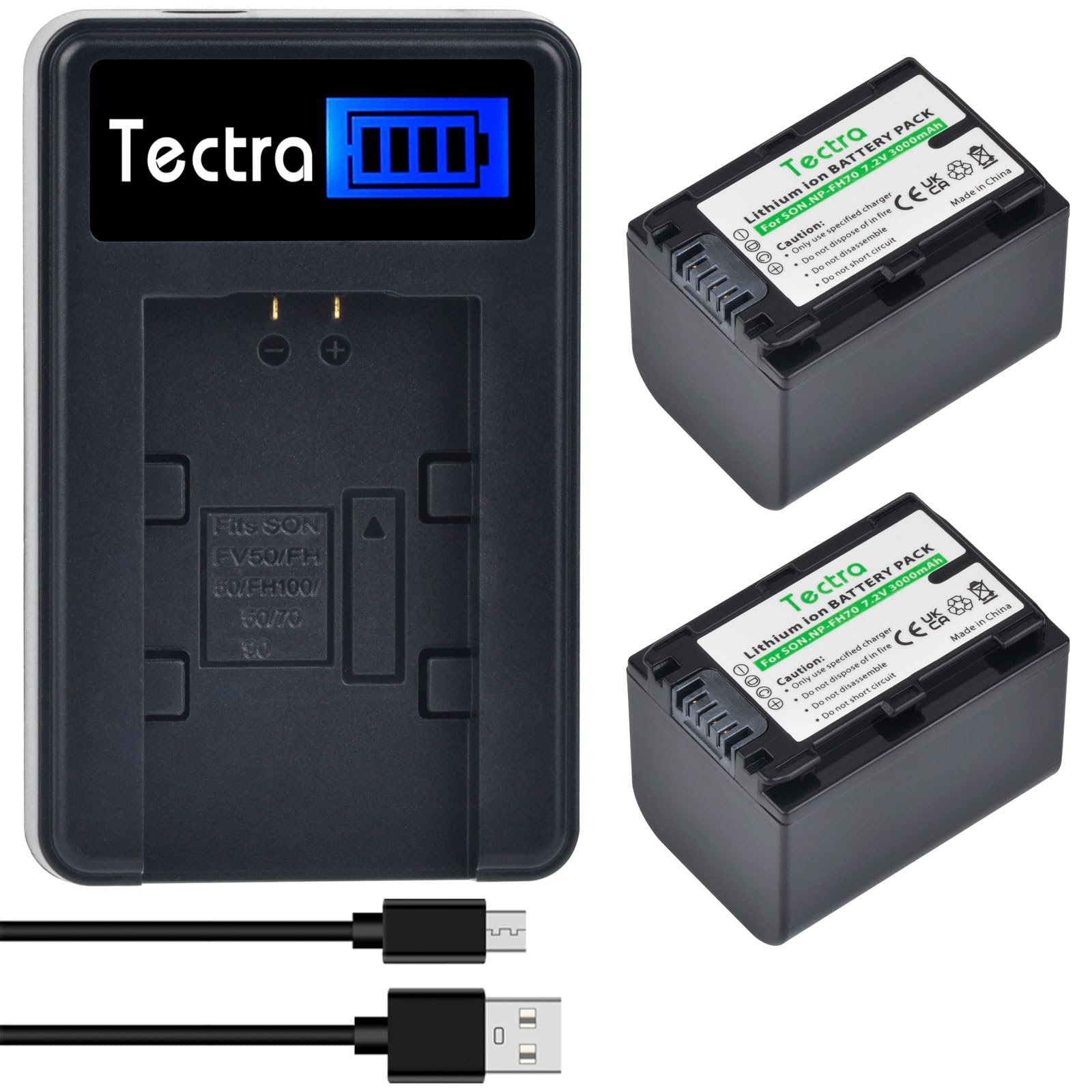Tectra 2-Pack NP-FH70 Battery and LCD USB Charger for Sony NP-FH30, NP-FH50, NP-FH60, NP-FH90 NP-FH100 and Sony HandyCam DCR-DVD650, DCR-HC20, SX40,